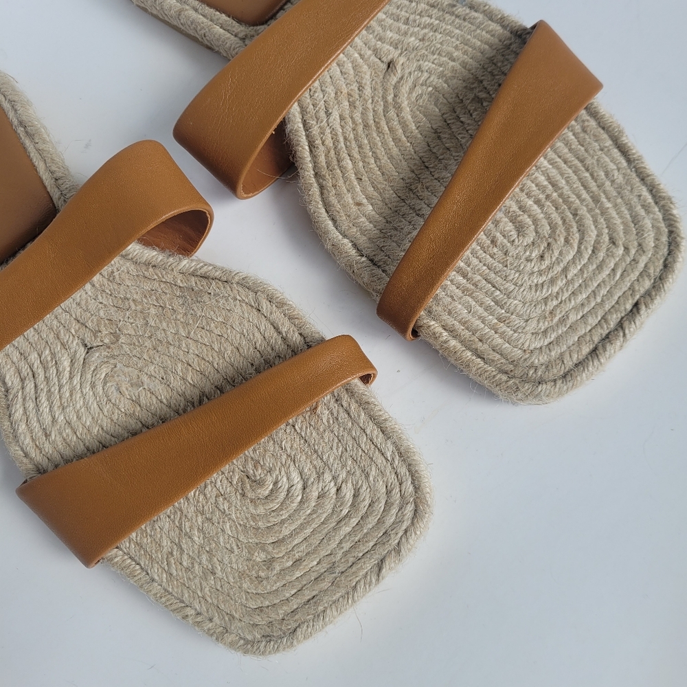 Zara Leather & Jute Flat Slide Sandals in Tan size 8.5 Boho - Picture 2 of 8
